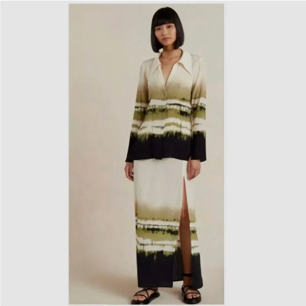 NWT Bec + Bridge Riptide Maxi Skirt 100% Silk Tie Dye High-Waisted Boho US 2